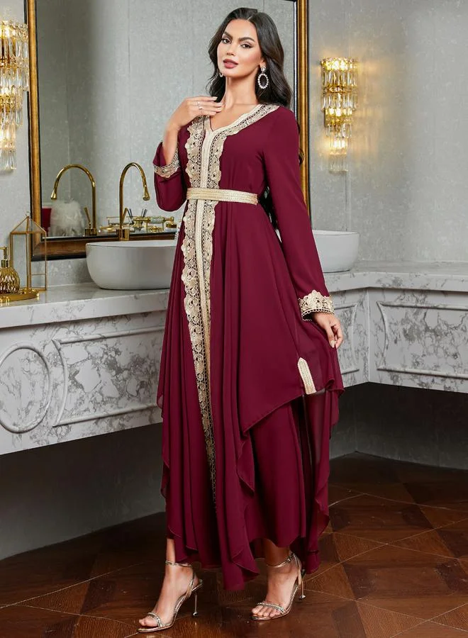 Take Two Women Burgundy Golden Trim Patch Detail Jalabiya