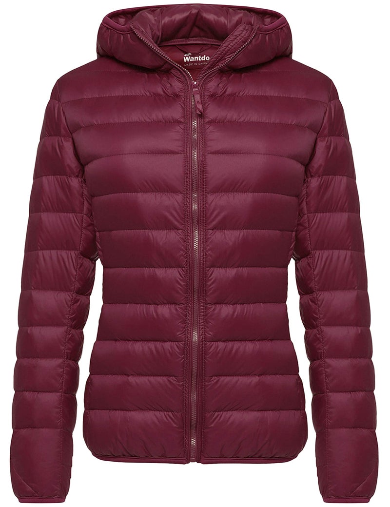 wantdo Women's Hooded Packable Ultra Light Weight Short Down Jacket Wine Red Large - Image 1