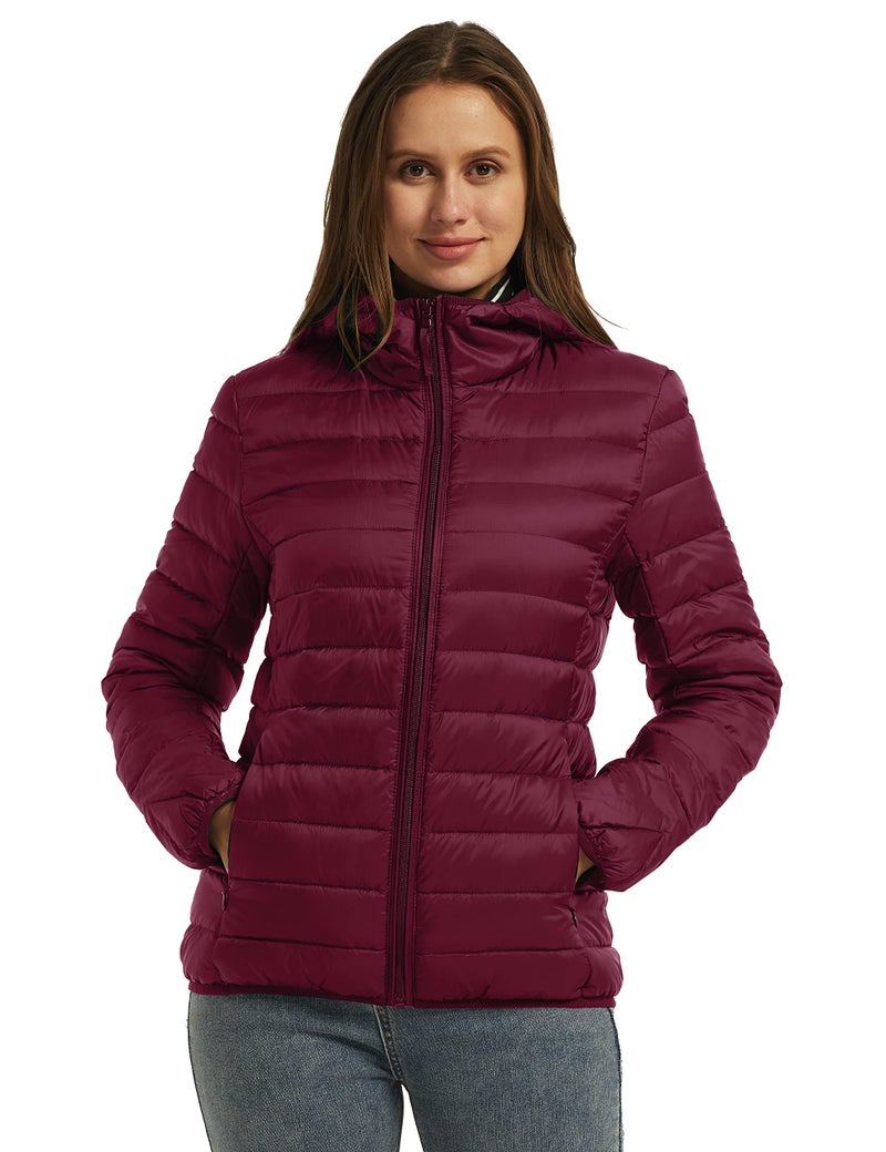 wantdo Women's Hooded Packable Ultra Light Weight Short Down Jacket Wine Red Large - Image 3