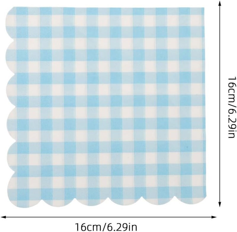 Disposable Blue Checkered Paper Napkins with Scalloped Edges, 100pcs Holiday Party Beverage Napkins for Birthday, Graduation, Wedding Tableware - Image 2