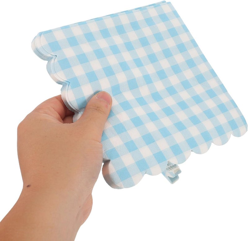 Disposable Blue Checkered Paper Napkins with Scalloped Edges, 100pcs Holiday Party Beverage Napkins for Birthday, Graduation, Wedding Tableware - Image 4
