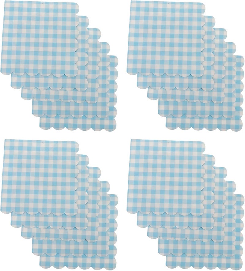 Disposable Blue Checkered Paper Napkins with Scalloped Edges, 100pcs Holiday Party Beverage Napkins for Birthday, Graduation, Wedding Tableware - Image 1
