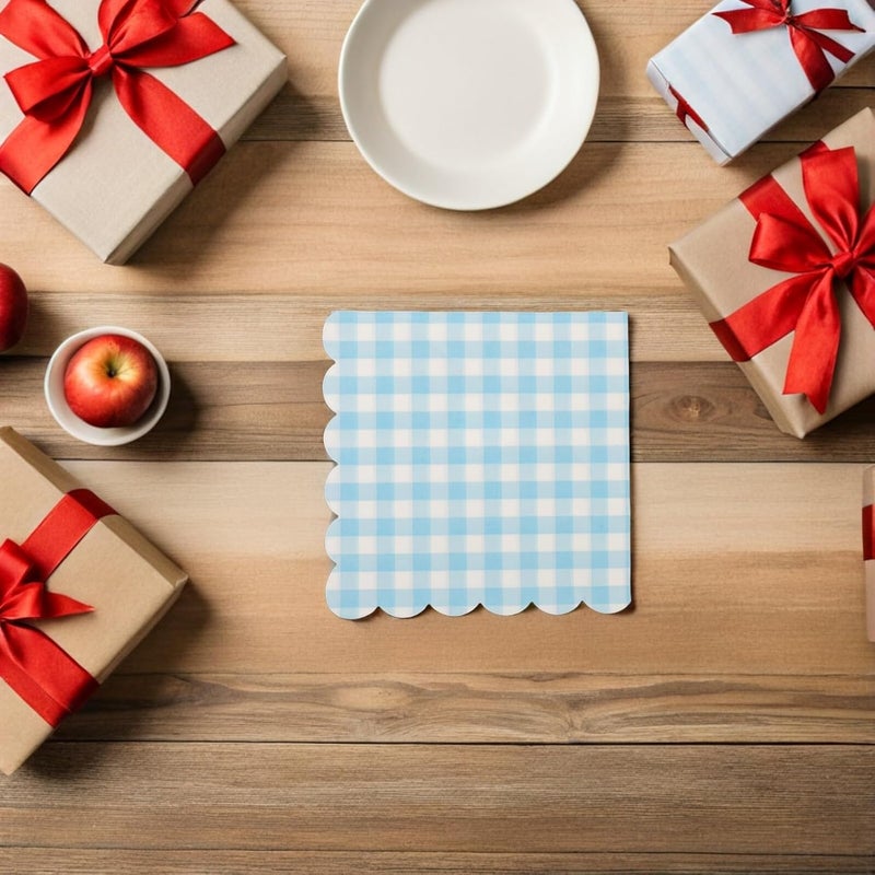 Disposable Blue Checkered Paper Napkins with Scalloped Edges, 100pcs Holiday Party Beverage Napkins for Birthday, Graduation, Wedding Tableware - Image 5