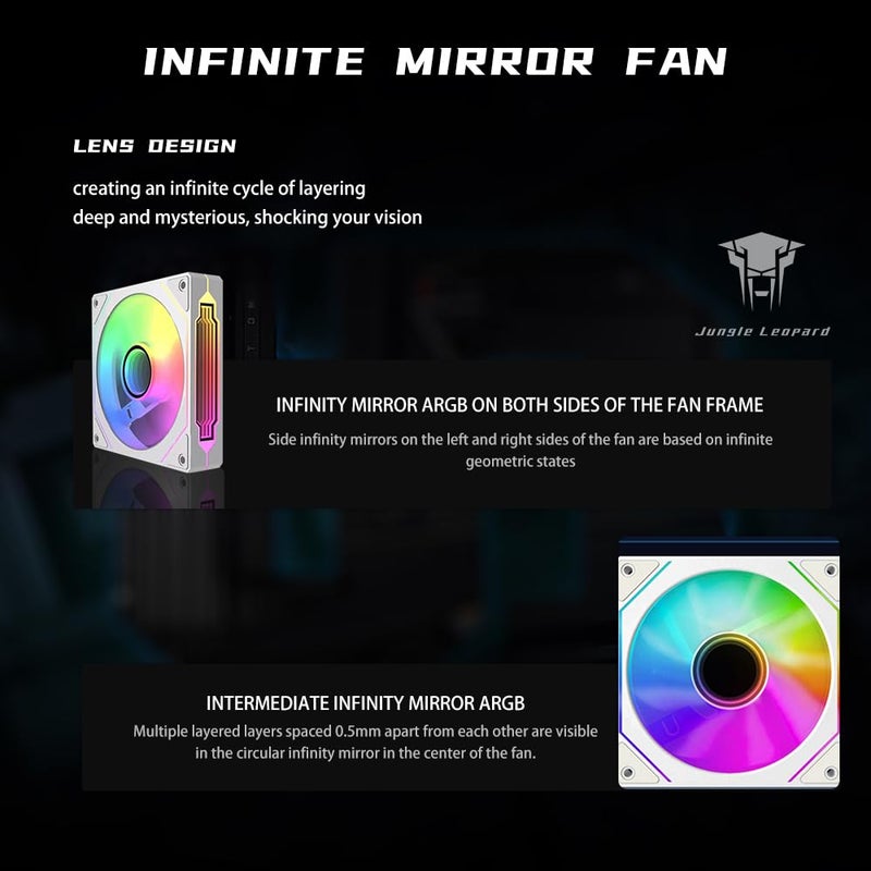 Jungle Leopard Prism4 Pro X3 120mm ARGB Case Fans,Infinity Mirror RGB Light Effect 5V 3PIN Motherboard Light Sync 800~1800RPM PWM PC Fan Suitable for Computer Case(Triple Pack White) - Image 2