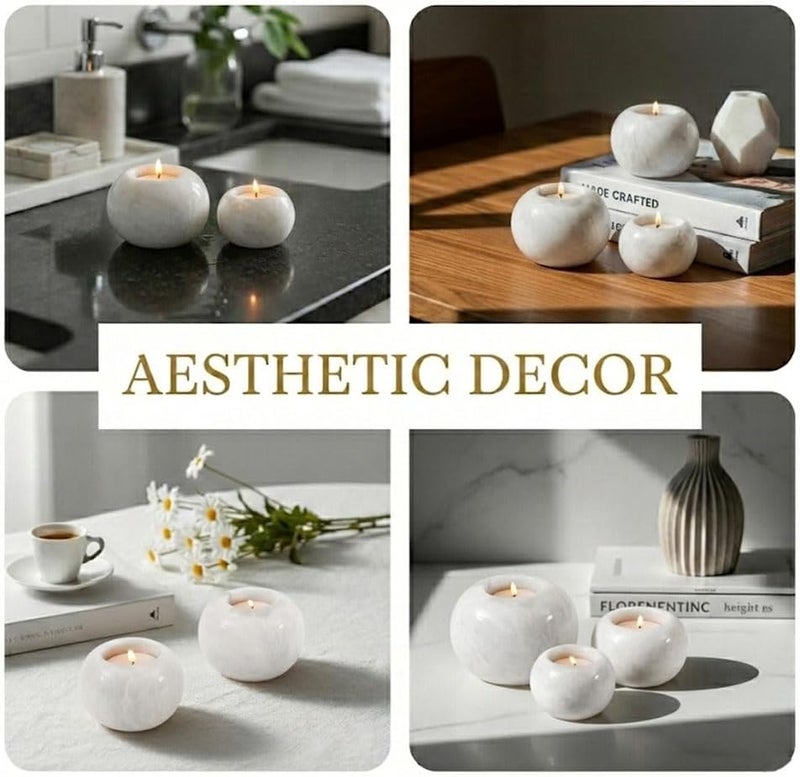 RADICALn Flat working surface Handmade White Marble Tealight Candle Holder – 4 Inch Set of 3 Small Taper & Votive Holders, Ideal for Table Centerpieces & Stylish Home Décor Accent Temp fluctuation resistant crafted quality - Image 3