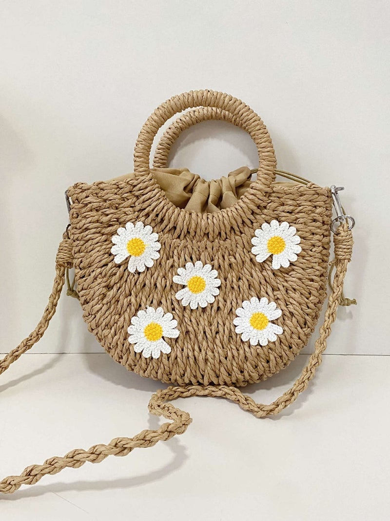 Straw Woven Bag, New Style, Fresh And Simple, Hand-Held, Cross-Body, Floral Decoration, Dual-Use Paper Rope Shoulder Bag, Mini Round Woven Bag - Image 3
