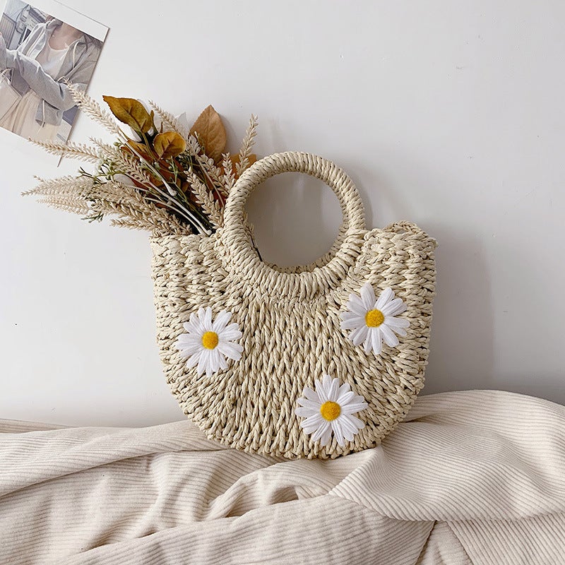 Straw Woven Bag, New Style, Fresh And Simple, Hand-Held, Cross-Body, Floral Decoration, Dual-Use Paper Rope Shoulder Bag, Mini Round Woven Bag - Image 1