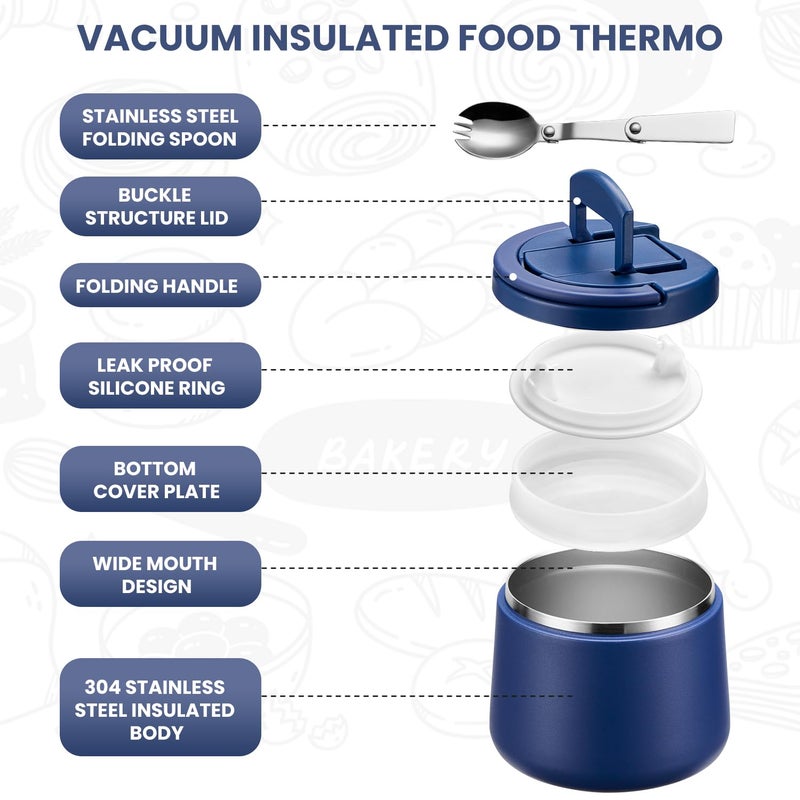 ITSLIFE 14oz Vacuum Insulated Soup Thermos for Hot Food, Kids Lunch Container with Leakproof Buckle Lid, Wide Mouth Stainless Steel Food Jar with Spoon, Blue - Image 2