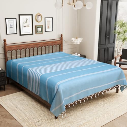 Värde Handmade Double Bedsheet 210 TC | Without Pillow Cover | Handloom Cotton Bedsheets for Double Bed | Double Bedsheet for Summer (Size 90X100 Inches, 7.5 x 8.3 Feet (Smalt Blue, Double Bed) - Image 2