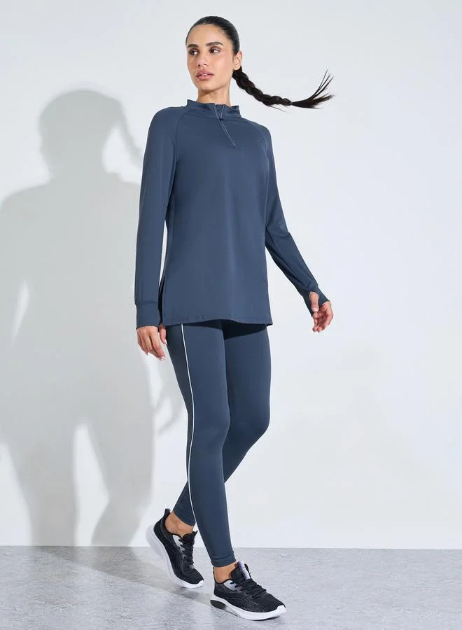 Styli Active  Navy Blue Solid Longline Activewear Half-Zip Top for Women | Best Price UAE