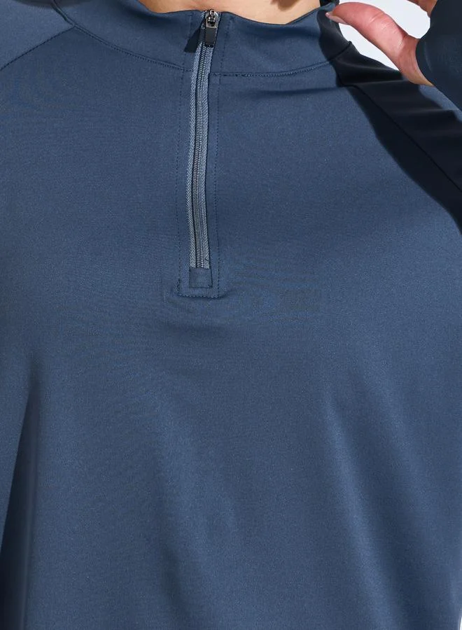Styli Active  Navy Blue Solid Longline Activewear Half-Zip Top for Women | Best Price UAE