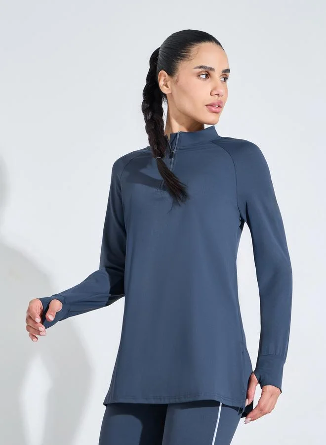 Navy Blue Solid Longline Activewear Half-Zip Top