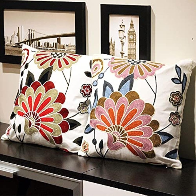 KITTMIN Embroidered Red and Pink Throw Pillow Covers,18x18 Floral Farmhouse Decor Pillows, Set of 2 Cozy Boho Accent Cushion Case for Couch & Sofa, Home Decorative Pillow Cases for Bed Room