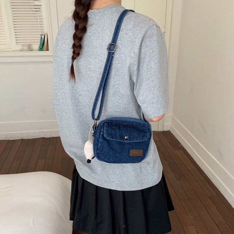 Japanese-Style Ins Hong Kong Retro Washed Denim Canvas Bag - Street Trendy Shoulder Crossbody for Girls and Students - Image 2