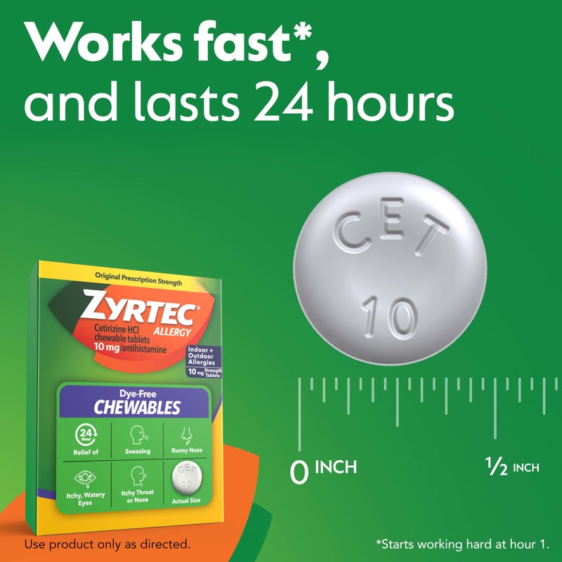 Zyrtec 24 Hour Allergy Relief Chewable Tablets, 10 mg Cetirizine Hydrochloride Antihistamine, Dye-Free Allergy Medicine for Runny Nose, Sneezing, Itchy, Watery Eyes, Indoor & Outdoor Allergies, 24 ct - Image 3
