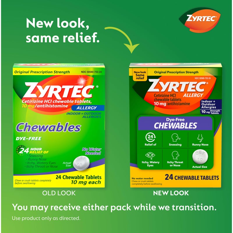 Zyrtec 24 Hour Allergy Relief Chewable Tablets, 10 mg Cetirizine Hydrochloride Antihistamine, Dye-Free Allergy Medicine for Runny Nose, Sneezing, Itchy, Watery Eyes, Indoor & Outdoor Allergies, 24 ct - Image 2