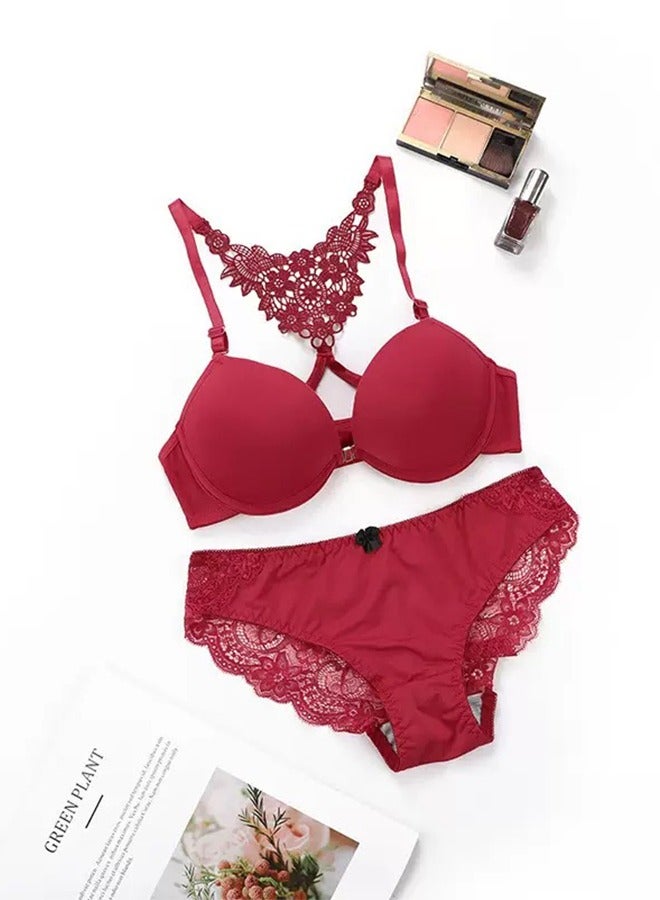 Comfy Solid Color Thin Cup Bra Panty Set Red Size M