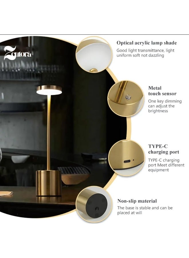 زينتورا مصباح طاولة Zentora LED قابل لإعادة الشحن، يعمل بالبطارية، تحكم باللمس، إضاءة مكتب قابلة للتعتيم 3 ألوان، مصباح سرير عصري (ذهبي) - Image 3