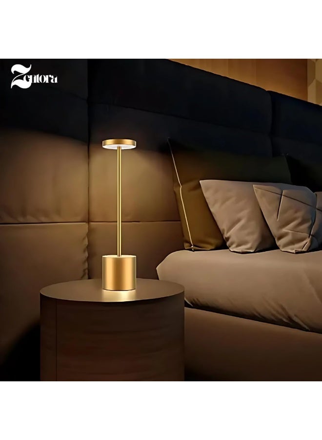 زينتورا مصباح طاولة Zentora LED قابل لإعادة الشحن، يعمل بالبطارية، تحكم باللمس، إضاءة مكتب قابلة للتعتيم 3 ألوان، مصباح سرير عصري (ذهبي) - Image 2