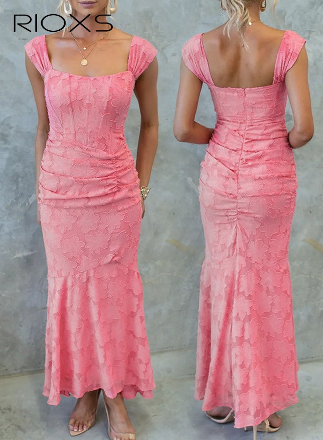 RIOXS Women's Square Neck Fishtail Maxi Dresses, Corset Ruched High Wasit Bodycon Evening Dress for Ladies, Floral Embroidery Formal Dress with Asymmetrical Hemline, Elegant Formal Dress with Zipper for Party Prom Wedding Dating and More, Pink - Image 3