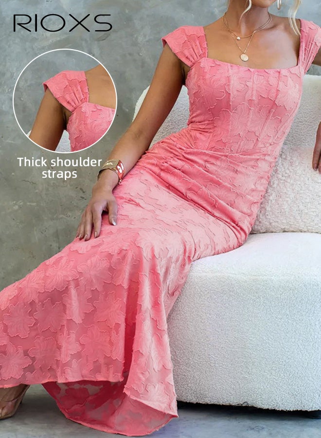 RIOXS Women's Square Neck Fishtail Maxi Dresses, Corset Ruched High Wasit Bodycon Evening Dress for Ladies, Floral Embroidery Formal Dress with Asymmetrical Hemline, Elegant Formal Dress with Zipper for Party Prom Wedding Dating and More, Pink - Image 5