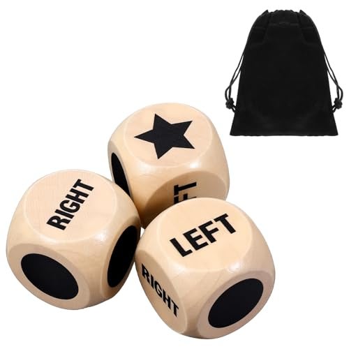 KFHENSOMR 3Pcs Left Right Center Game Dice 12 Inch Fun Left Right Roll Dice Game Set Lotus Wood Dices with Drawstring Bag Wooden Dices Accessorie Easy to Store and Carry Around for Travel - Image 1