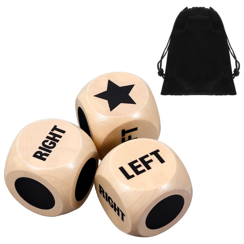 KFHENSOMR 3Pcs Left Right Center Game Dice 12 Inch Fun Left Right Roll Dice Game Set Lotus Wood Dices with Drawstring Bag Wooden Dices Accessorie Easy to Store and Carry Around for Travel - Image 3