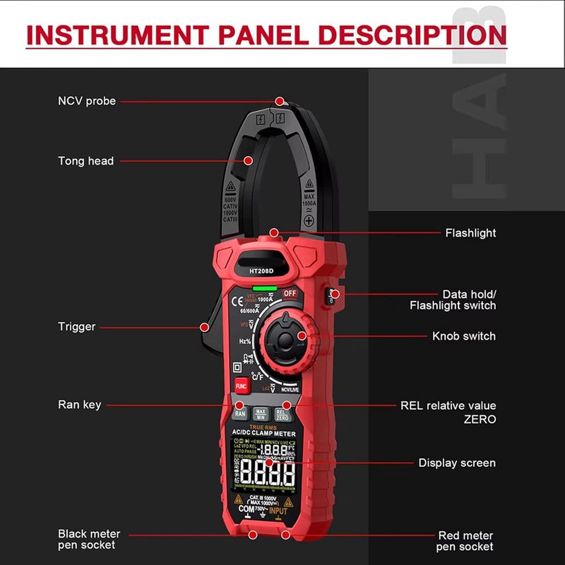HT208D Digital Clamp Meter 1000A AC DC Current Voltage Tester with Temperature Capacitance Resistance Diode Test - Image 5