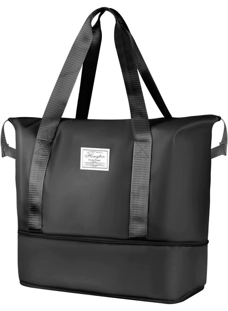 Extendable Duffel Travel Bag for Women, Large Foldable Duffle Handbag Carry-On Waterproof Bags (Formal, Black)