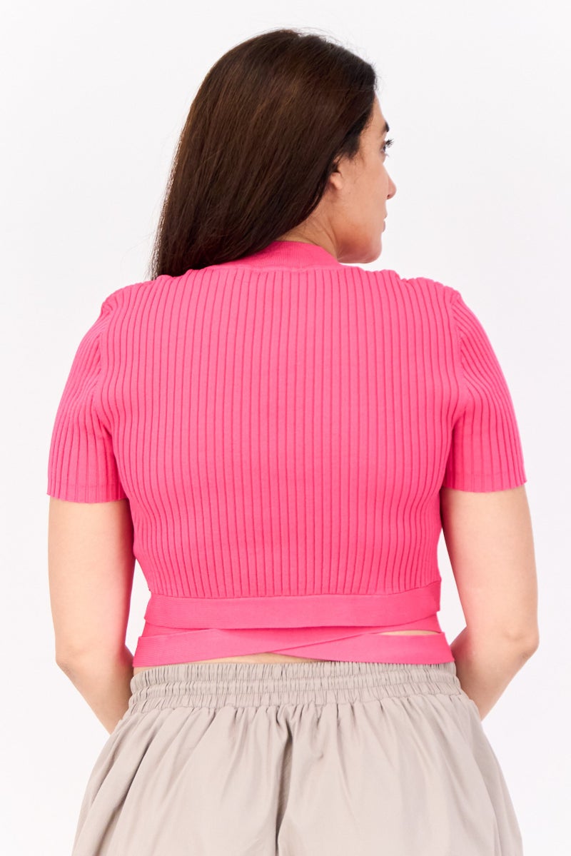 ESPRIT Women Mock Neck Short Sleeve Textured Top, Pink - Image 3