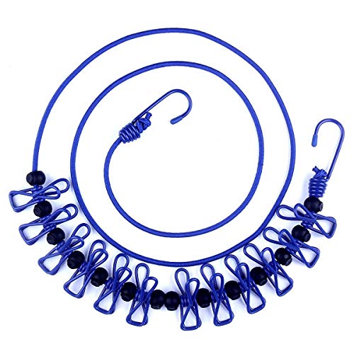 AIKESIWAY Portable Travel Clothesline, Adjustable Elastic Travel Camping Retractable Clothesline with 12pcs Clips for Outdoor and Indoor Use (Blue) - Image 1