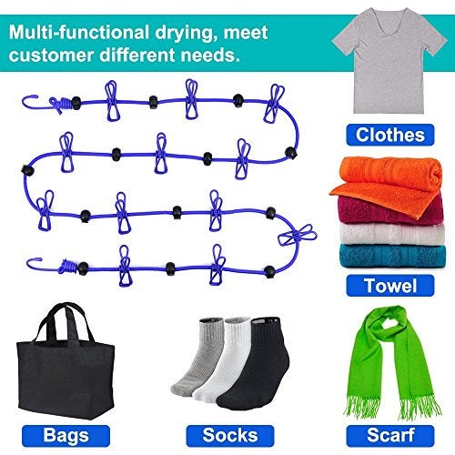 AIKESIWAY Portable Travel Clothesline, Adjustable Elastic Travel Camping Retractable Clothesline with 12pcs Clips for Outdoor and Indoor Use (Blue) - Image 3