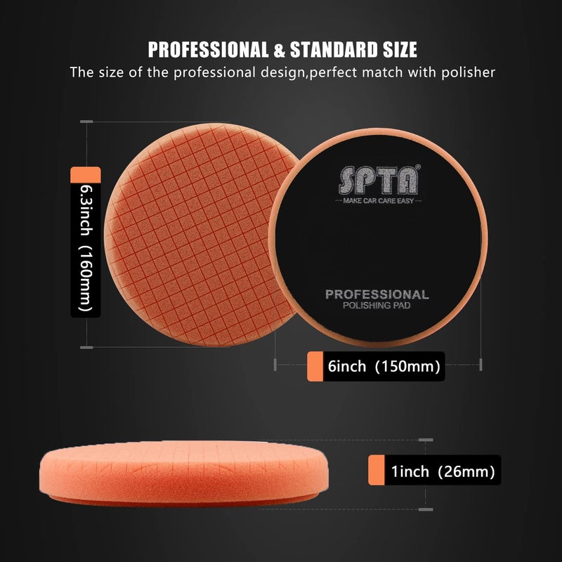 SPTA T40 Orange Medium-Cut Foam Polishing Pads, SPTA 3Pcs 6.5 Inch Face for 6 Inch 150mm Backing Plate Compound Buffing Sponge Pads for Car Buffer Polisher Compounding, Polishing and Waxing -X00224Y6O3 - Image 2