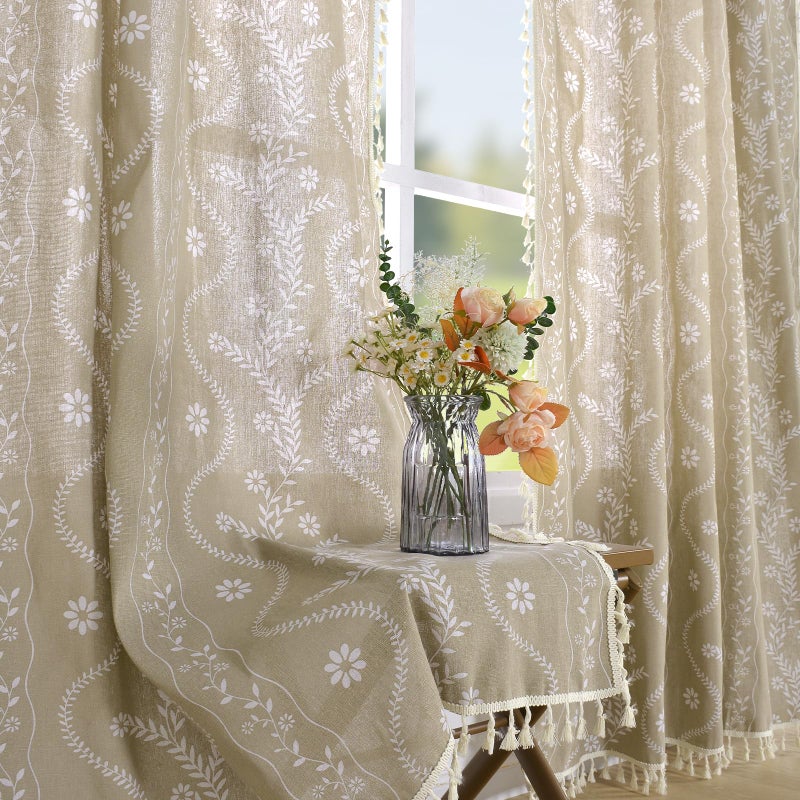 Schweek Tan Boho Curtains 96 Inch Length Linen Curtains for Living Room 2 Panels, Vintage Farmhouse Printed Floral Curtain Rustic Curtain Drapes - Image 1