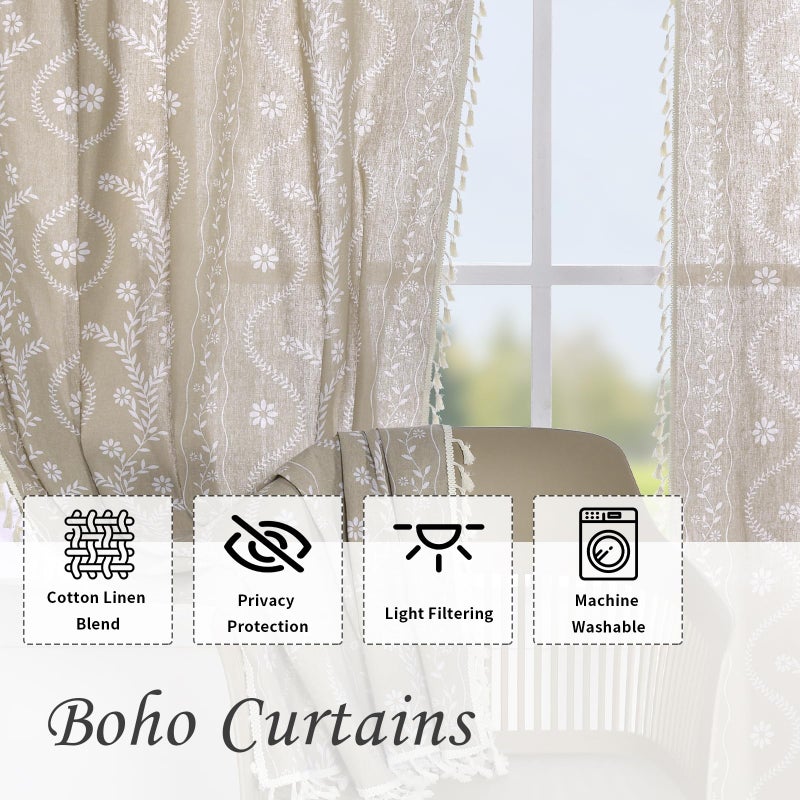 Schweek Tan Boho Curtains 96 Inch Length Linen Curtains for Living Room 2 Panels, Vintage Farmhouse Printed Floral Curtain Rustic Curtain Drapes - Image 4