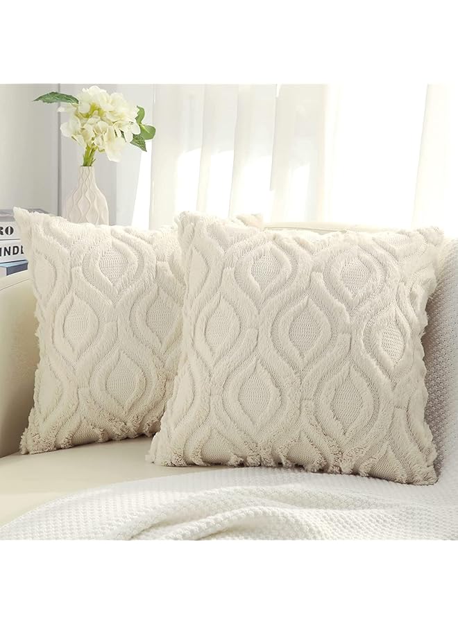 The Bros Set of 2 Faux Fur Cushion Covers 60x60 cm, Decorative Soft Plush Fluffy Velvet Cushion Cover 24X24 Inch, Square Boho Neutral Pillow case for Sofa, Beige - Image 1
