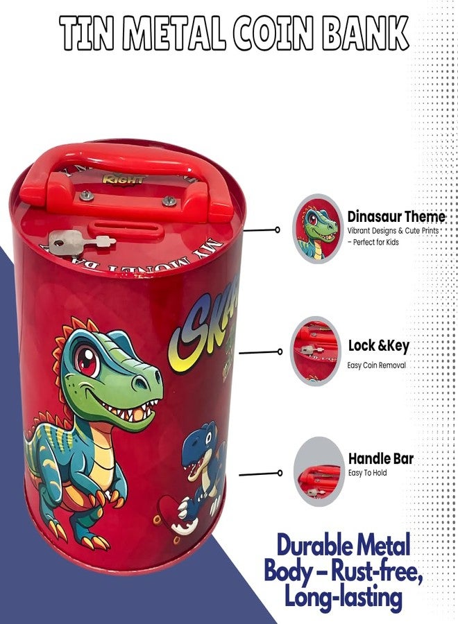 Right Coin Metal Money Bank for Kids | Durable Piggy Bank with Lock & Key | Reusable Savings Box Gift for Boys & Girls (Skato Rex Design) - Image 2