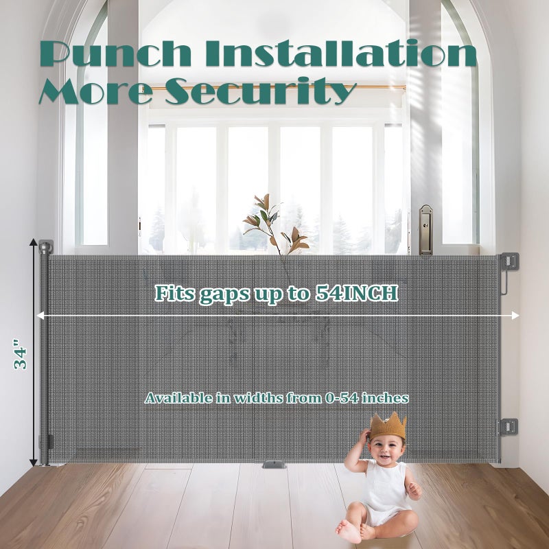 Babepai Retractable Baby Gates No Drilling | 54" Wide x 34" Tall Dog Gates for Stairs | Indoor/Outdoor Use | Child Gates for Doorways, Deck, Porch, Hallways, Patio - Gray - Image 3