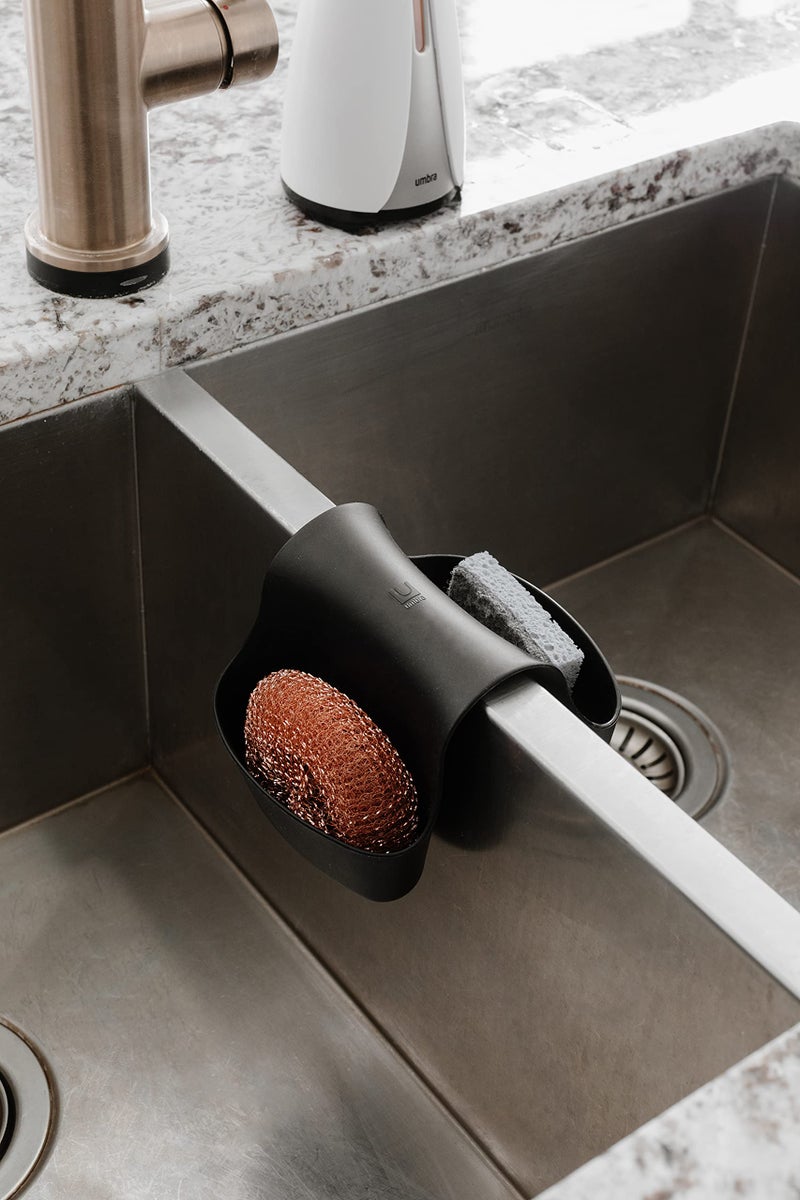 Umbra Saddle Sink Caddy - Flexible Rubber Organizer for Double Kitchen Sink, Storage for Dish Sponge, Scouring Pads and more, Black (330210-040) - Image 5