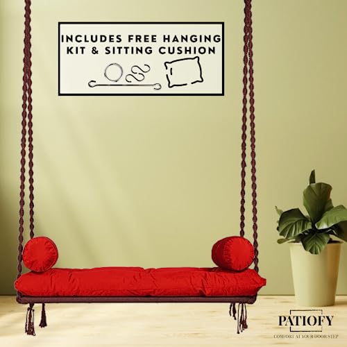 Patiofy Premium Double Seater Swing for Adults/Swing Chair/Swing for Balcony/Jhula for Adults with Red Cushion & Hanging Kit/Swing for Indoor and Outdoor (Brown) - Image 2