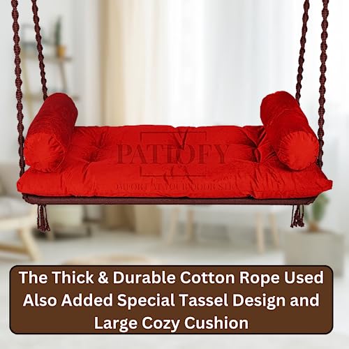 Patiofy Premium Double Seater Swing for Adults/Swing Chair/Swing for Balcony/Jhula for Adults with Red Cushion & Hanging Kit/Swing for Indoor and Outdoor (Brown) - Image 5