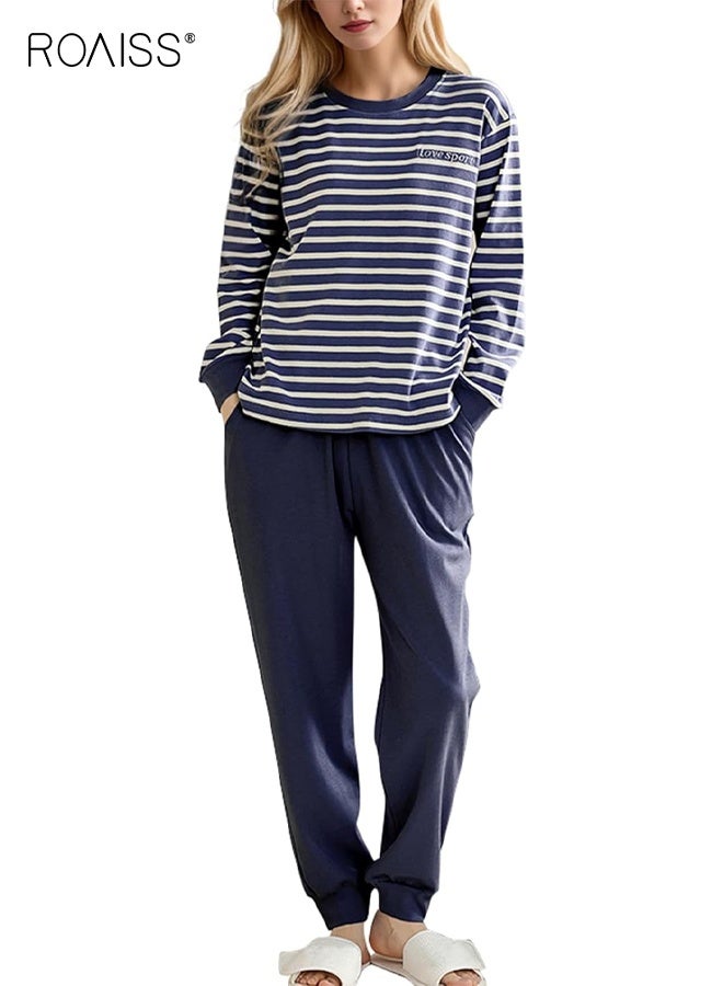 roaiss Womens Cotton Pajama Set Long Sleeve Top and Pants 2 Piece Cute Printed Drawstring Pj Set with Pockets Spring Summer Round Collar Loose Home Clothes for Women - Image 1