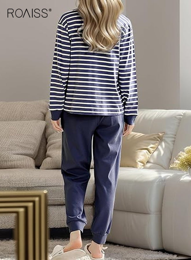 roaiss Womens Cotton Pajama Set Long Sleeve Top and Pants 2 Piece Cute Printed Drawstring Pj Set with Pockets Spring Summer Round Collar Loose Home Clothes for Women - Image 3