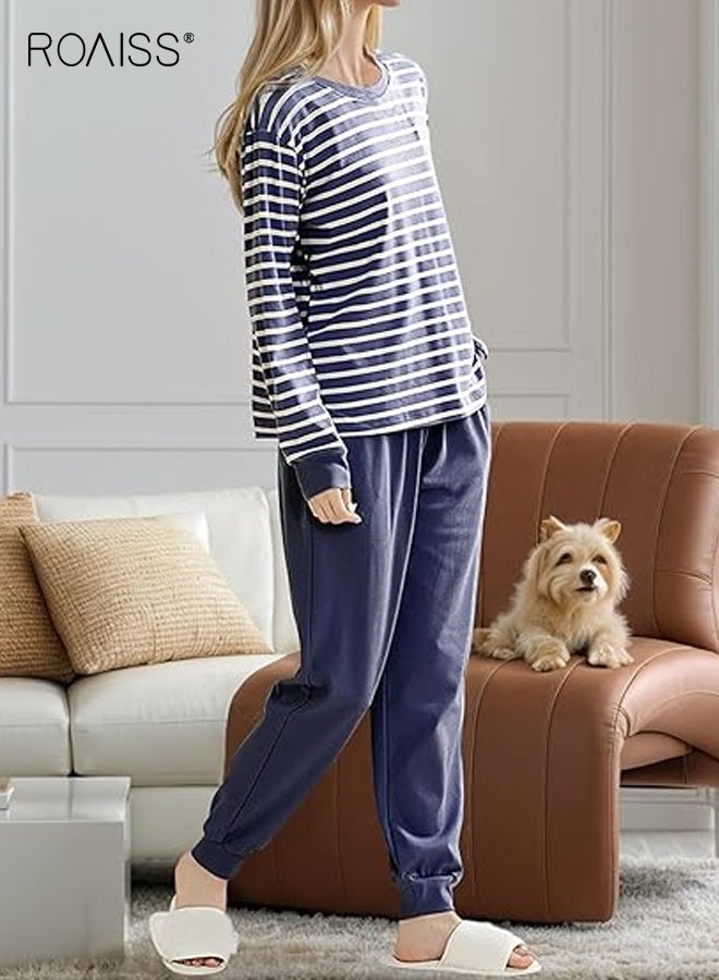 roaiss Womens Cotton Pajama Set Long Sleeve Top and Pants 2 Piece Cute Printed Drawstring Pj Set with Pockets Spring Summer Round Collar Loose Home Clothes for Women - Image 4