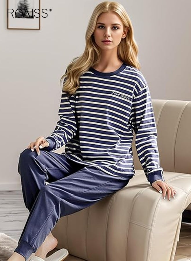 roaiss Womens Cotton Pajama Set Long Sleeve Top and Pants 2 Piece Cute Printed Drawstring Pj Set with Pockets Spring Summer Round Collar Loose Home Clothes for Women - Image 2