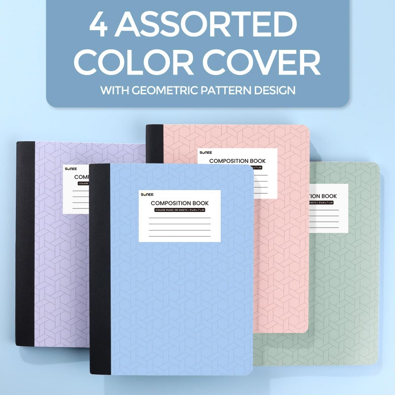 SUNEE Composition Notebooks - College Ruled Paper, 4 Pack Composition Book, 9 3/4" x 7 1/2", 80 Sheets/160 Pages, Assorted Colors, School, College & Office Supplies - Image 5