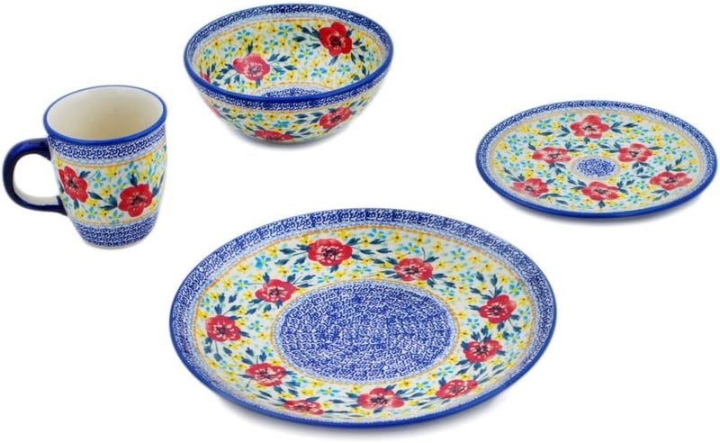Polmedia Polish Pottery Authentic Polish Pottery 4Piece Place Setting Signature UNIKAT in Rainbow Field Design Handmade in Bolesawiec Poland  Certificate of Authenticity  - Image 2