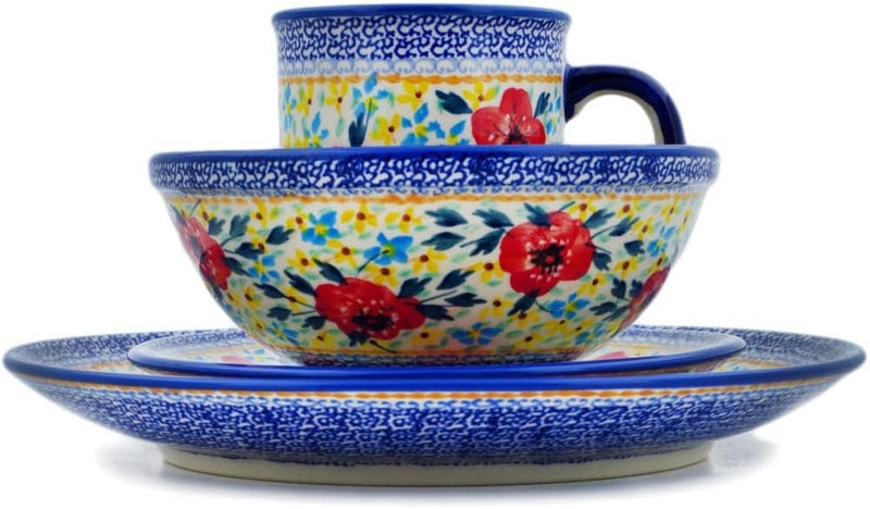 Polmedia Polish Pottery Authentic Polish Pottery 4Piece Place Setting Signature UNIKAT in Rainbow Field Design Handmade in Bolesawiec Poland  Certificate of Authenticity  - Image 3