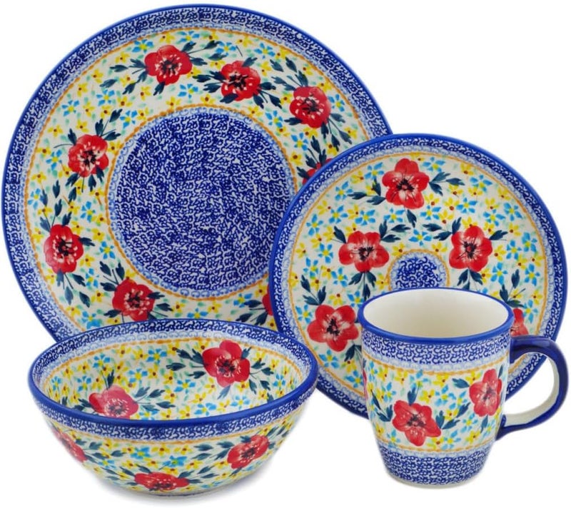 Polmedia Polish Pottery Authentic Polish Pottery 4Piece Place Setting Signature UNIKAT in Rainbow Field Design Handmade in Bolesawiec Poland  Certificate of Authenticity  - Image 1