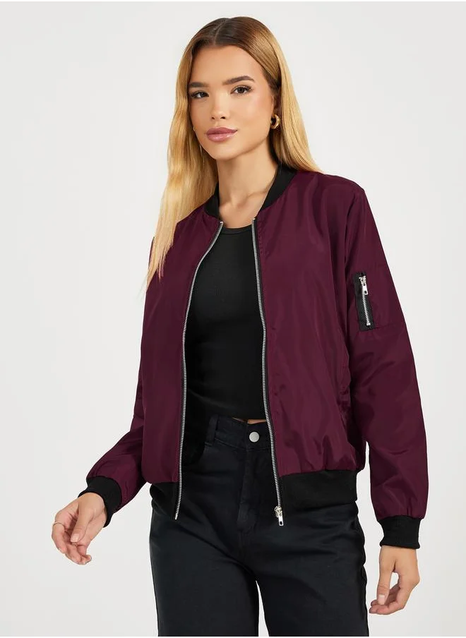Styli Regular Fit Regular Length Zip Up Bomber Jacket